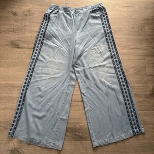 Soft Surroundings Pants Womens XL Blue Wide Leg Elastic Waist Coastal embroidery